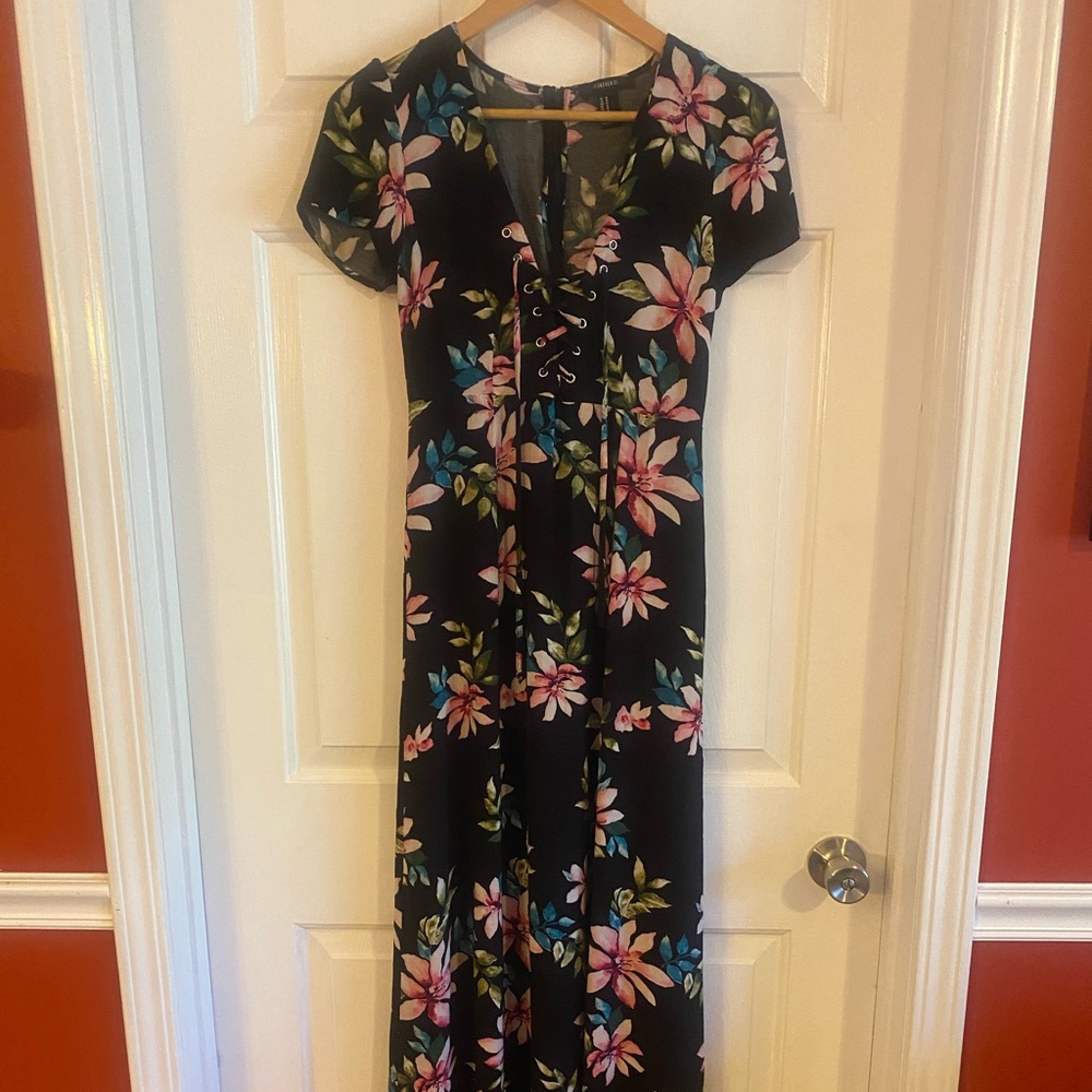Forever 21 Black Floral Maxi Dress with Pink & Green Accents